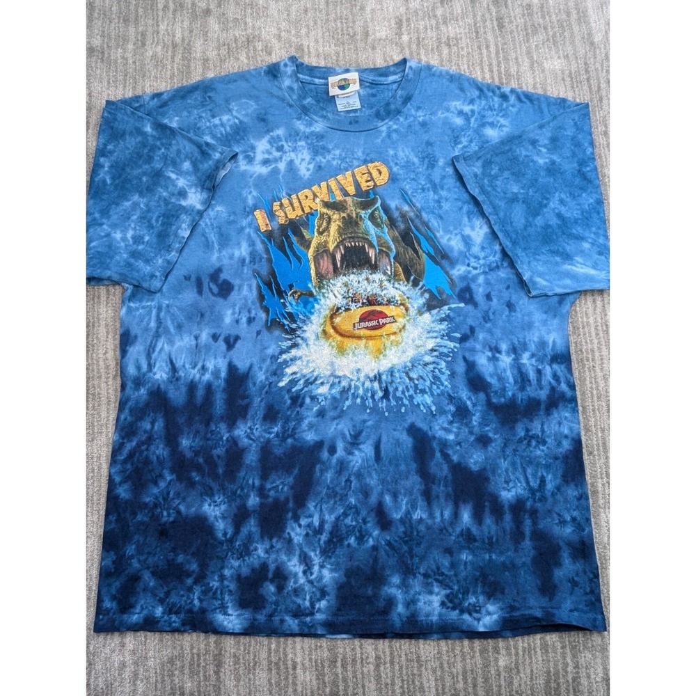 Vtg 2000s Universal Studios I SURVIVED JURASSIC PARK Tie Dye XL T-Shirt T-Rex